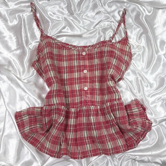 Current Tops - y2k Current Elliott Cami Red Plaid Peplum Babydoll Tank Top 0